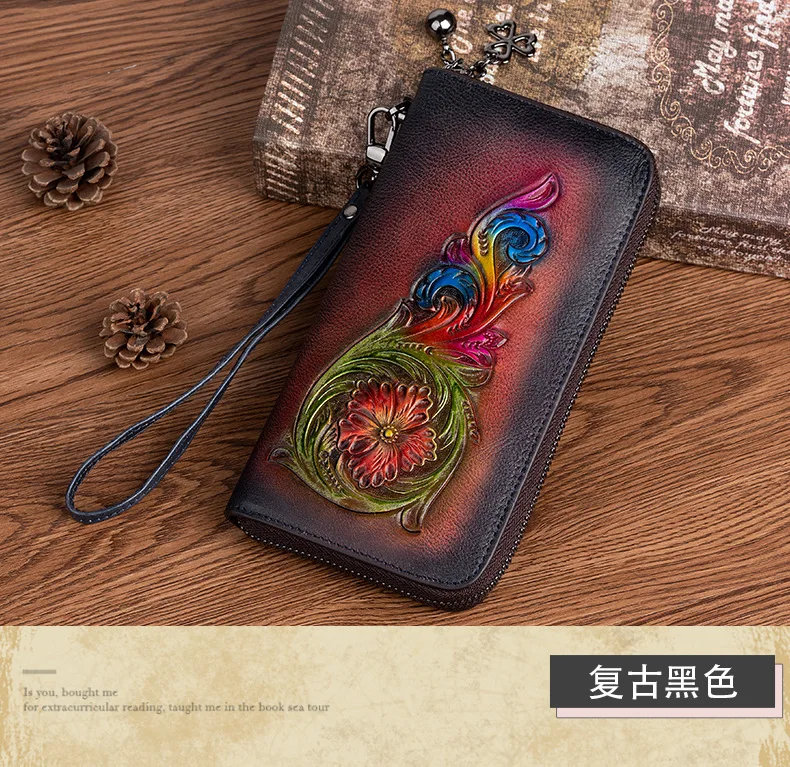 3D Floral Echtes Leder Geldbörse Frau Große Lange Echtleder Clutch Modische Damen Rindsleder Geldbörsen – Detail 10