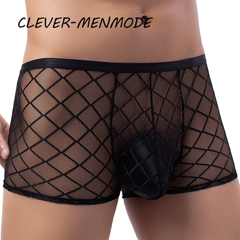 Men's Sexy Transparent Lace Panties Fishnet Sheer Boxer Shorts