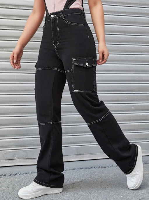 Streetwear Elegant Loose Color Pants 23 Winter New Fashion Casual High Waist Pocket Straight Leg Jeans Women's Black Work Pants