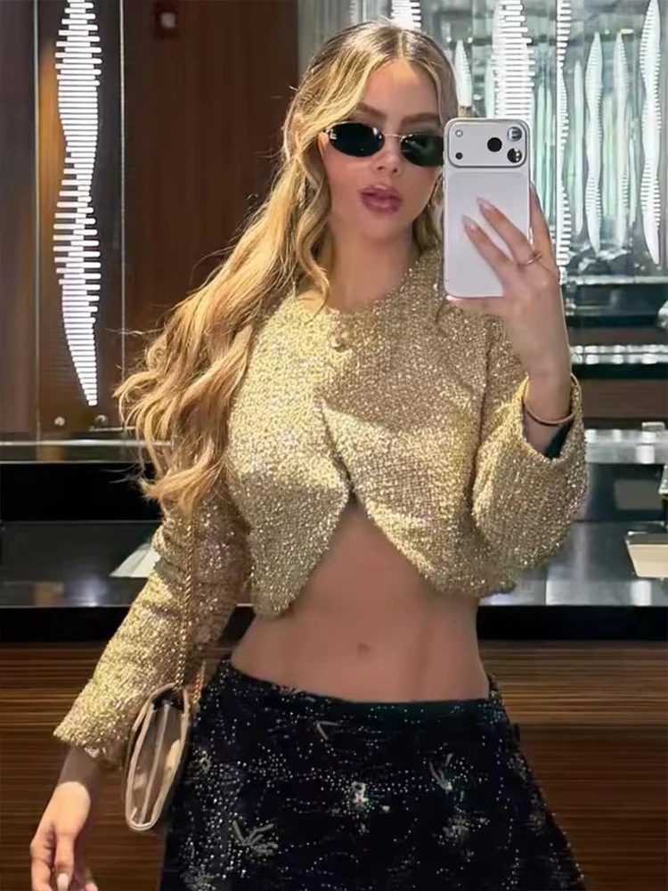 Women Chic Tweed Style Metallic Thread Jacket Gold Cropped Long Sleeve Coat 2025 Autumn Elegant Outerwear Fashion Party Jackets