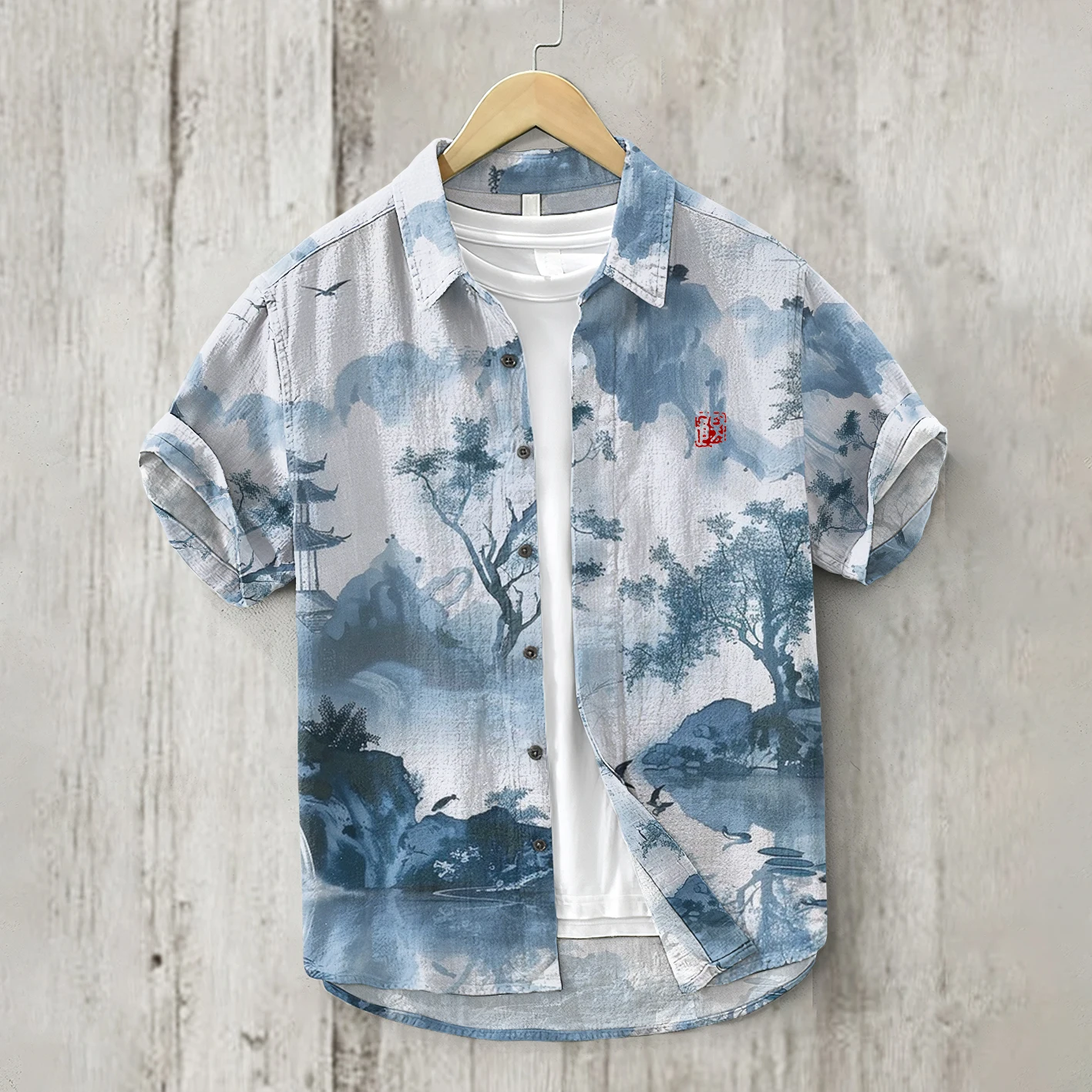 Foreign trade dirty octopus print men's youth short-sleeved luxury lapel shirt linen Hawaiian single-breasted shirt cardigan 5