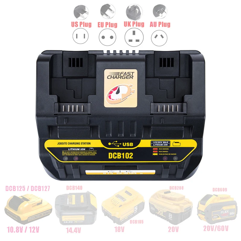 

DCB102 Charger Rapid 2 Slide Port 4A Charging Current USB 2A DCB200 DCB140 For Dewalt 10.8V 14.4V 18V 20V 60V Lithium Battery