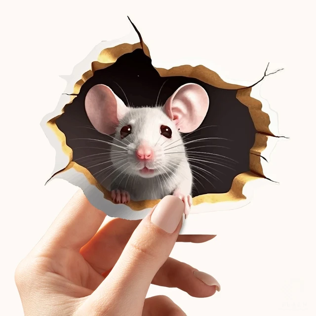 Autocollant de trou de souris personnalisé effet 3D, 1 pièce, lecture de souris blanche, branche de fleur, animal mignon, autocollant aléatoire, décoration de la maison 2