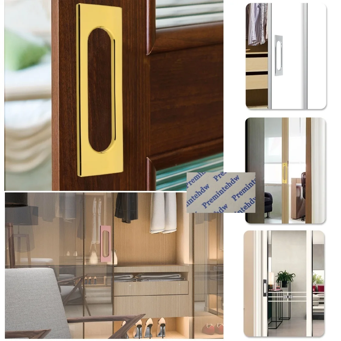 1Piece Aluminum Rectangle Hollow Out Finger Pull For Sliding Glass Door Window Sticking Screw Mount Rose Gold Titanium Black