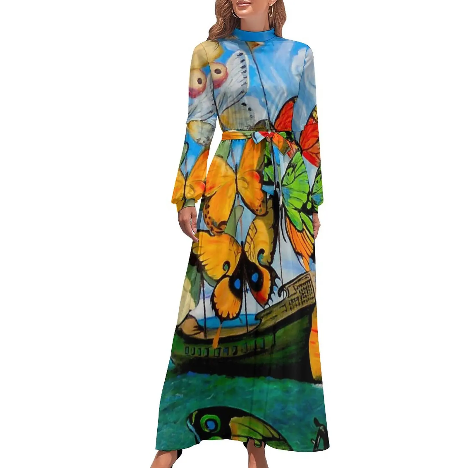 

Платье-Макси женское с длинным рукавом, высокой талией и абстрактным принтом