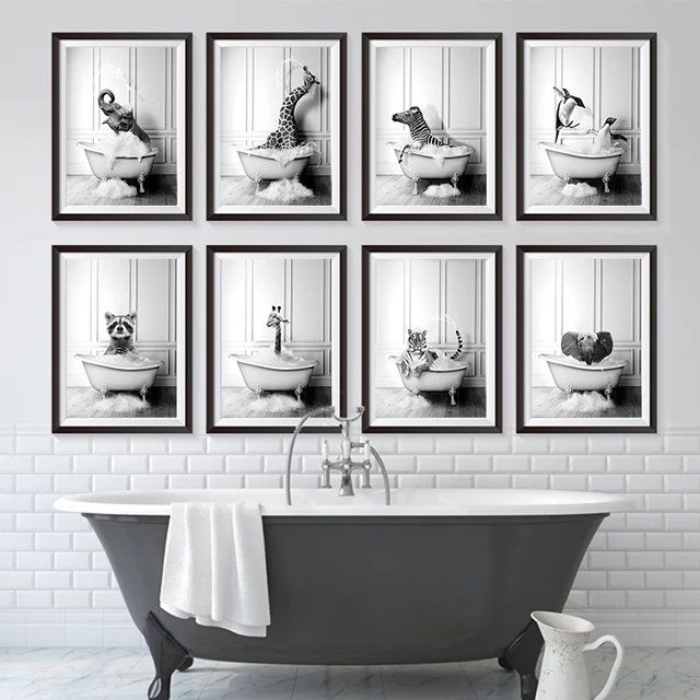 Nuovo arrivo nero bianco animali In vasca bagno arte della parete tela  pittura poster e stampe