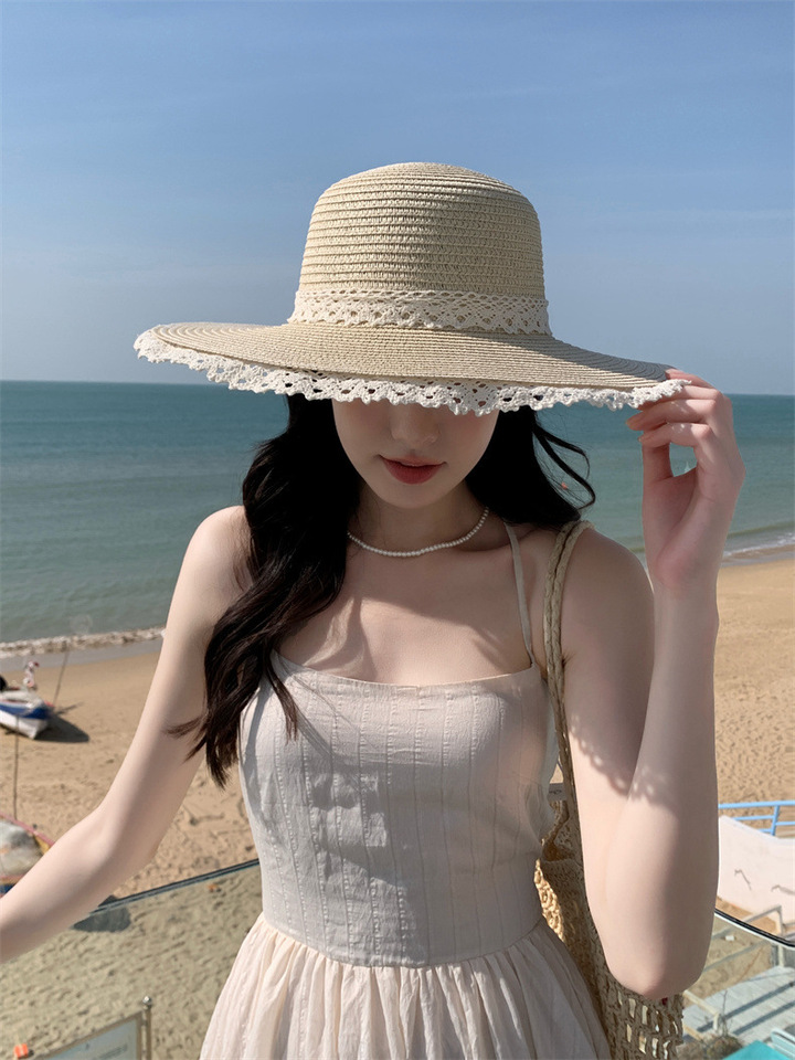 Lace Bow Straw Hat Summer Handmade Woven Wide Brim Elegant Panama Cap Female Lady Travel Beach Breathable Anti-UV Sun Hats