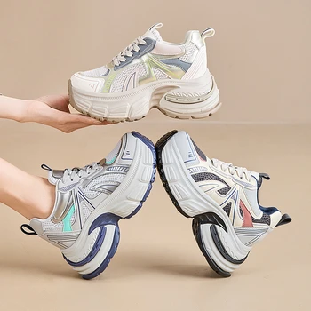 Womens Pastel Colorblock Mesh Platform Chunky Sneakers Breathable Hidden Heel Lift Casual Dad Shoes For Summer Daily Wear