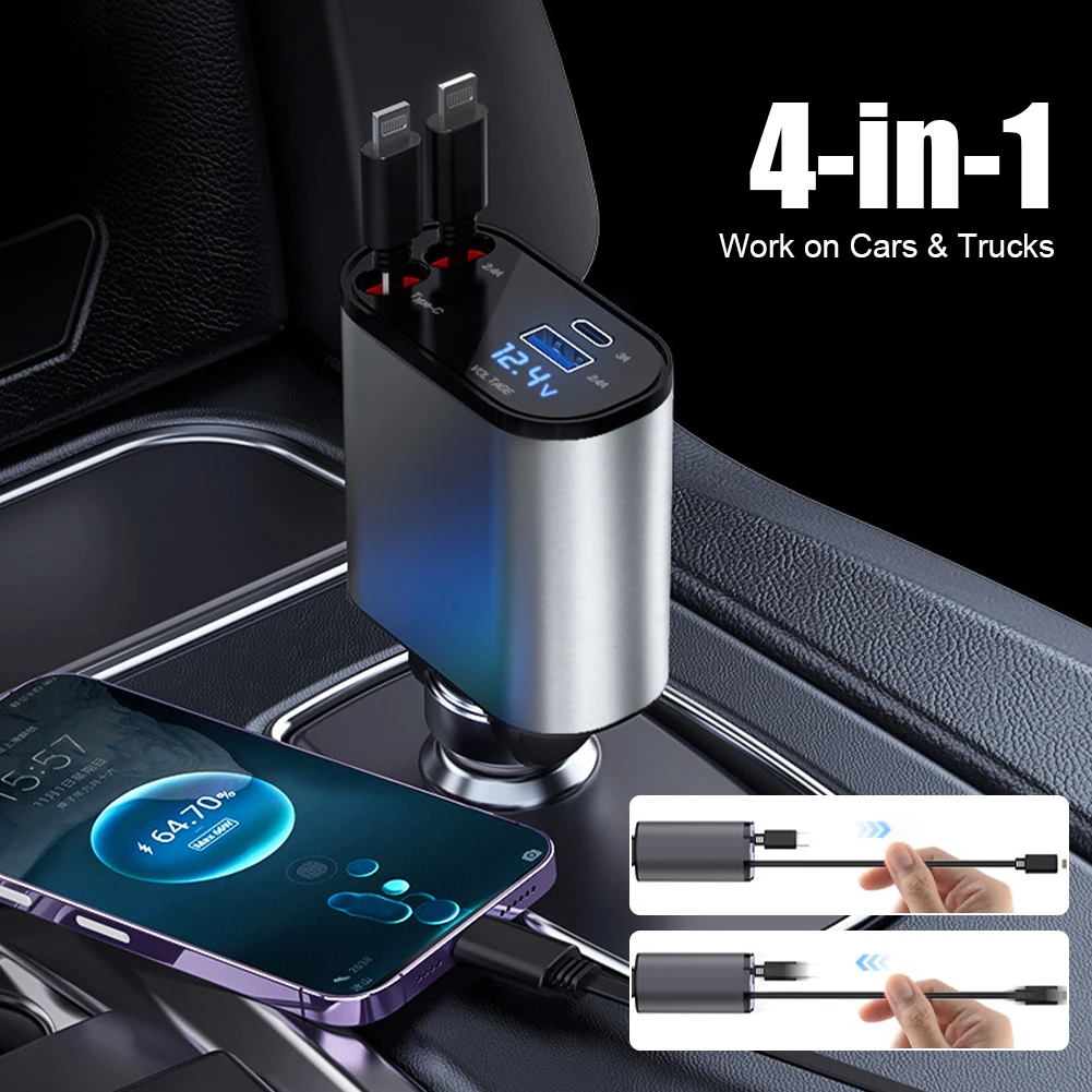 

100W 4 IN 1 Car Charger Dual USB Ports With 2 Telescopic Cable Fast Charging Cigarette Lighter Adapter For iPhone Huawei Samsung