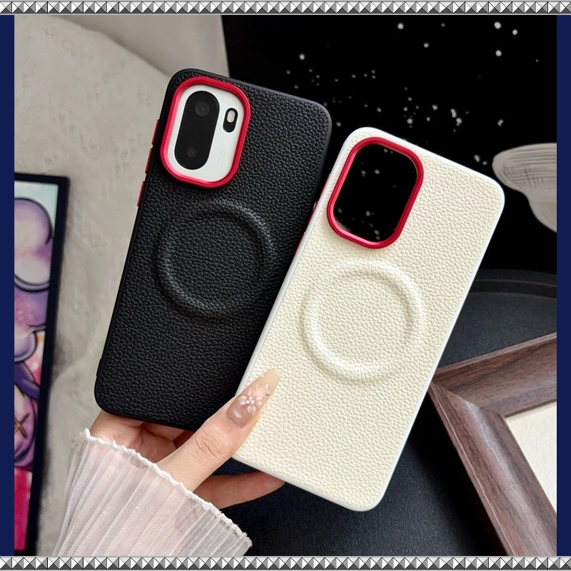 Luxury Magnetic Lychee Pattern PU Leather Non-Slip Phone Case with Metal Camera Frame
