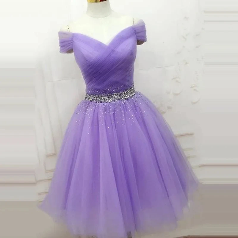 

Charming Lavender Short Homecoming Dresses V-Neck Short Sleeve Beading Tulle Mini Cocktail Prom Party Graduation Gown BM375