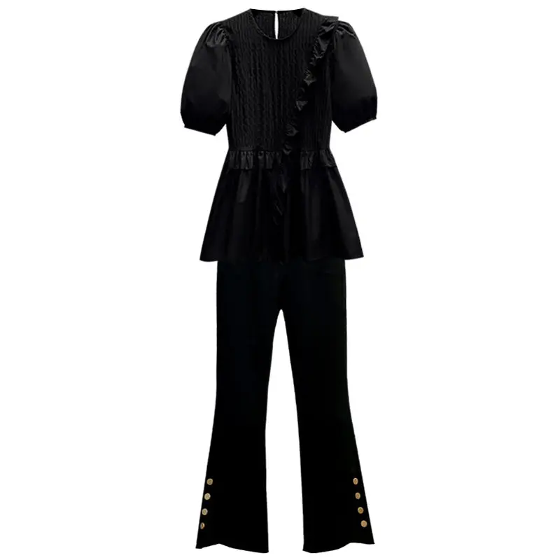 Fashion Women's Set 2024 Korean Edition Bubble Short Sleeved Top Casual Pants Western Style Age Reducing Two Piece Set