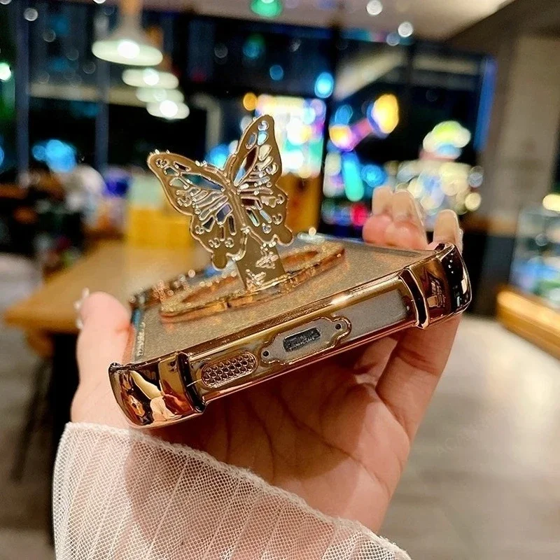 Glitter Luxury Butterfly Bracket Plating Frame Soft Case - Anti-Drop Protective Cover