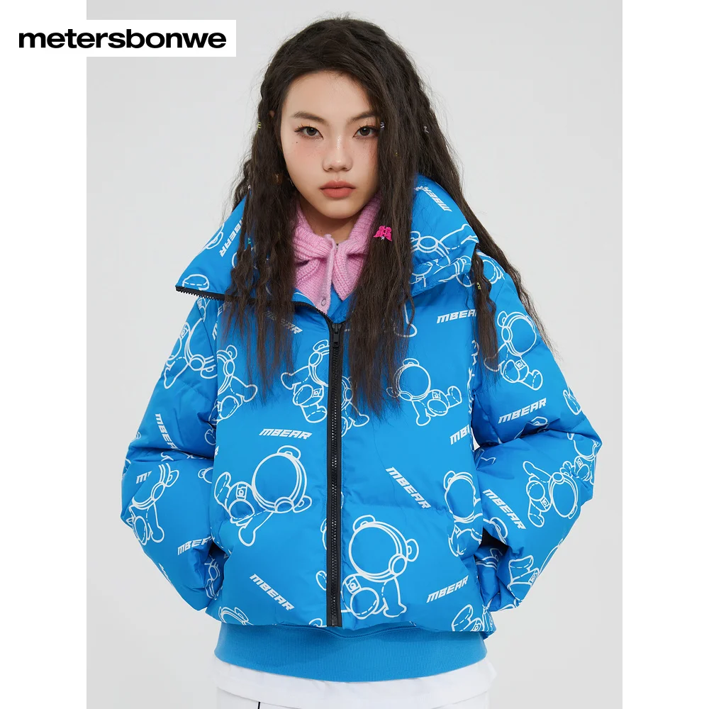 Metersbonwe Women's 22New Winter Full Cartoon Print Down Jacket 80% Duck Down Thick Short Warm Wear Stand Collar Loose Outwear