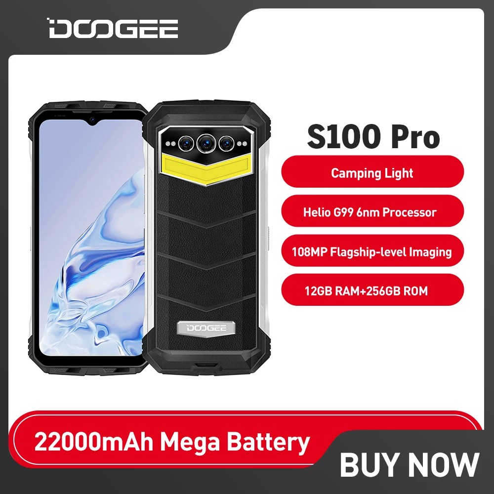 Doogee-S100 Pro Rugged Phone, 12GB + 256GB, 6.58 Helio G99, 6nm, 108MP Camera, 22000mAh Battery, Camping Light Cellphone