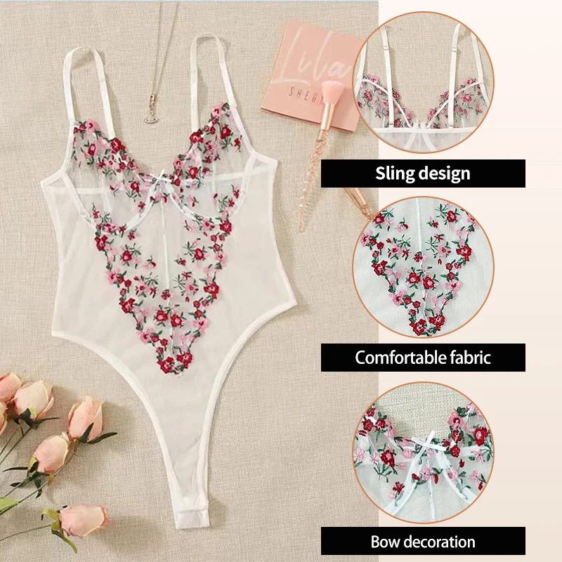 Women Suspender Pajamas Women Lace Pajamas Women Bodysuit Sleep Wear Set Women's Sexy Perspective Mesh with Embroidered Flower V-Neck Suspender Sexy Pajamas One Piece Pajamas