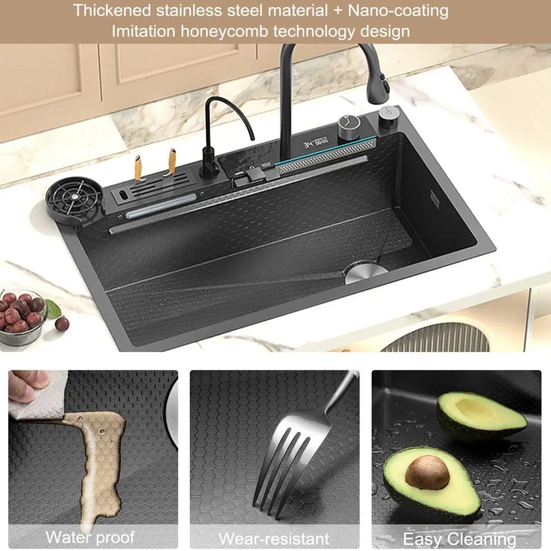 Black Kitchen Sink Twin Waterfall Kitchen Sink 31.5" Stainless Steel Single Bowl Sink with Faucet, Modern Honeycomb Workstation 4