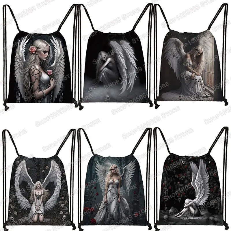 Sad Fallen Angel Wing Pattern Drawstring Bag Women Gothic Skull Girl Backpack Shoes Storage Bags Kids Bookbag Shoes Holder