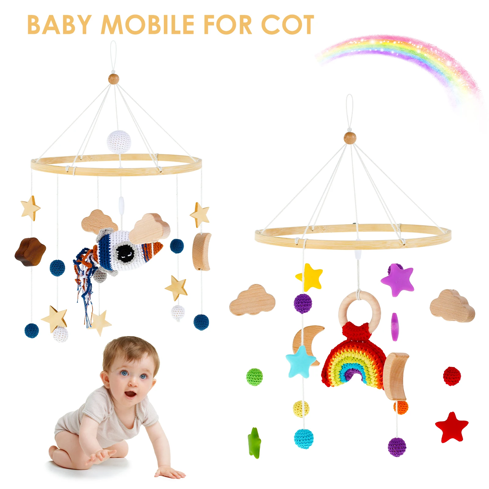 

Baby Musical Crib Mobile Wooden Hanging Baby Bed Bell with Felt Balls Cloud Star Wood Crocheted Mobile Newborn Toys Cot Bed