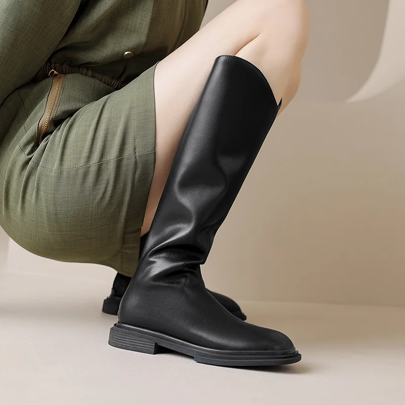 

smiple design laminated two-layer leather knee high boots for women thick heel autumn winter warm shoes woman motorcycle boots