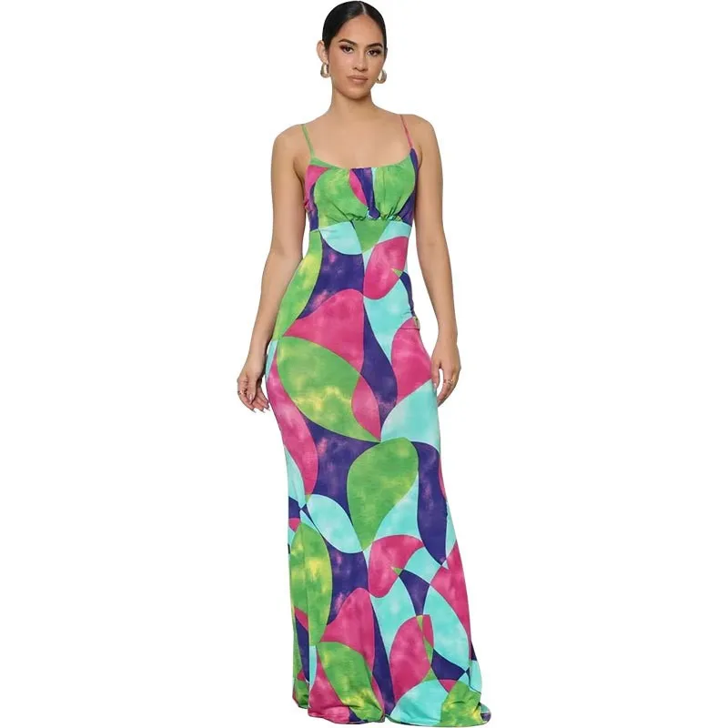 

Fashionable Commuter Temperament French Suspender Dress Sexy Backless Self Cultivation Print Pencil Slit Dress Vestidos 2023 New