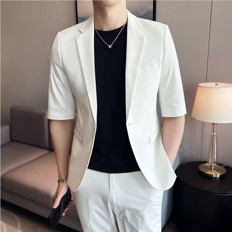Men Summer Short Sleeve Blazer 2-piece Suit