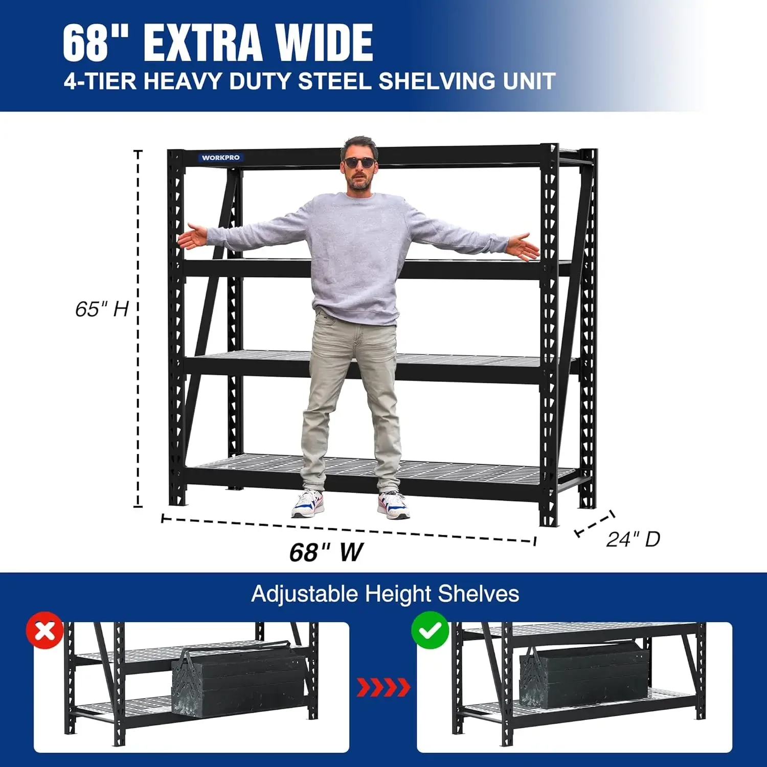 68" Ultra Wide 4-Tier Metal Garage Shelving Unit 68"W x 24"D x 65"H 7200 LBS Capacity Heavy Duty Storage Utility Rack Industrial 2