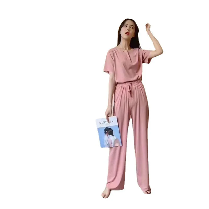 

Summer New Ice Silk Cool Pajamas Two-piece Loose Large Size Solid Color Women's Home Wear Wholesale