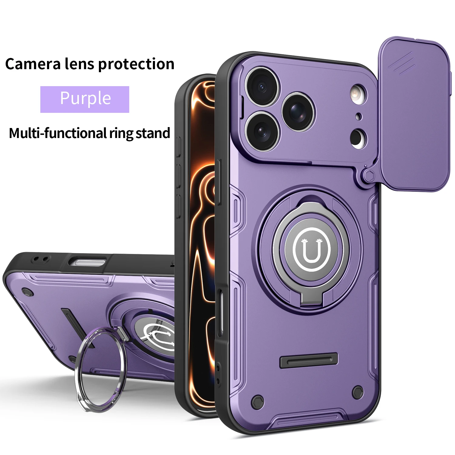 Shockproof Armor Ring Stand Phone Case with Power Slide Camera Lens Protection
