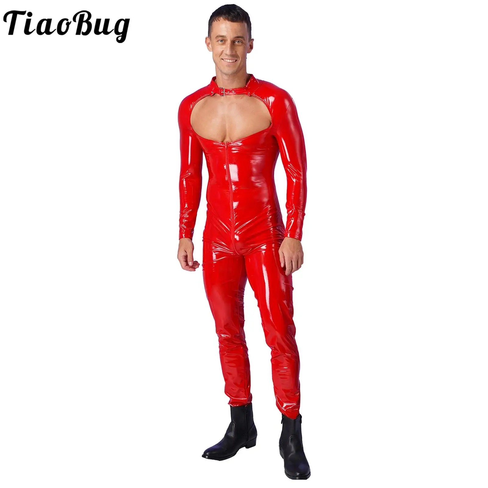 MensLatexJumpsuitGlossyWetLookPatentLeatherBodysuitSwimsuit