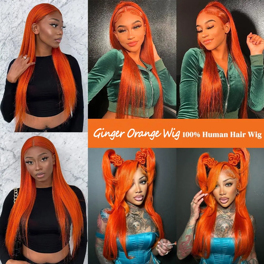 26 Inch Ginger Orange Wig Human Hair 13X6 Lace Front Wigs Human Hair 200% Density 350 Straight HD Transparent Lace Front Wigs