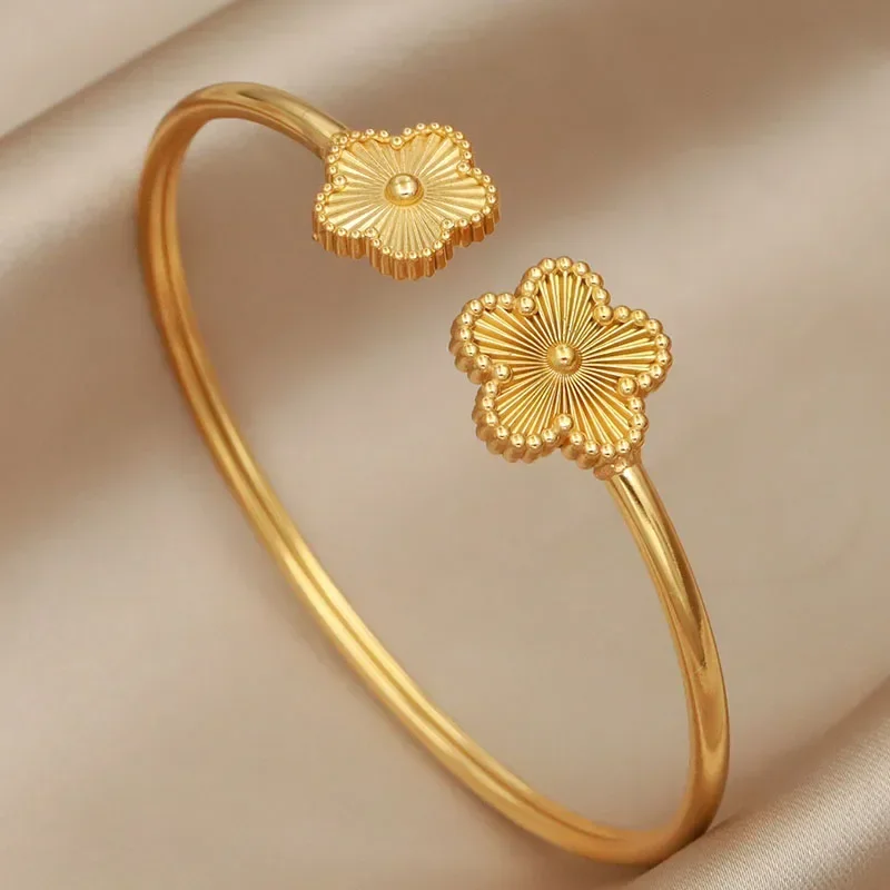 Classic Stainless Steel Metal Flower Open Bangles for Women Fashion Brand Jewelry Elegant Bracelets Gift Accessories