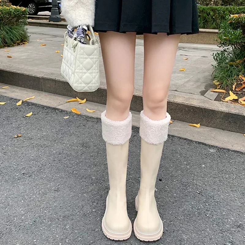 

Autumn/Winter New White Plush Thick Sole Knee High Snow Boots Fur Mid Length Knight Boots for Women