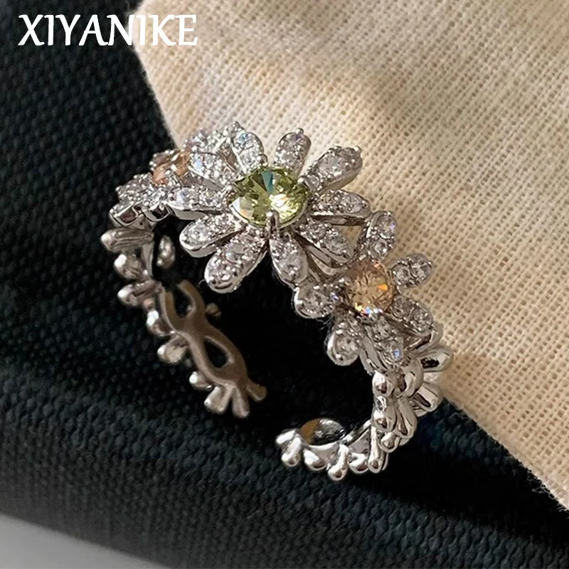 XIYANIKE Sparkling Zircon Daisy Flower Open Rings For Women Romantic Fashion New Jewelry Gift Party Wedding Wholesale anillos 1