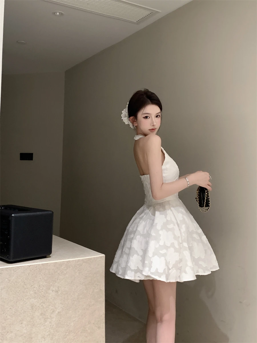 Y2K Halter Backless Short Dresses for Women V-neck Jacquard Sleeveless A-line Birthday Party Dress Prom Mini Vestidos Mujer New