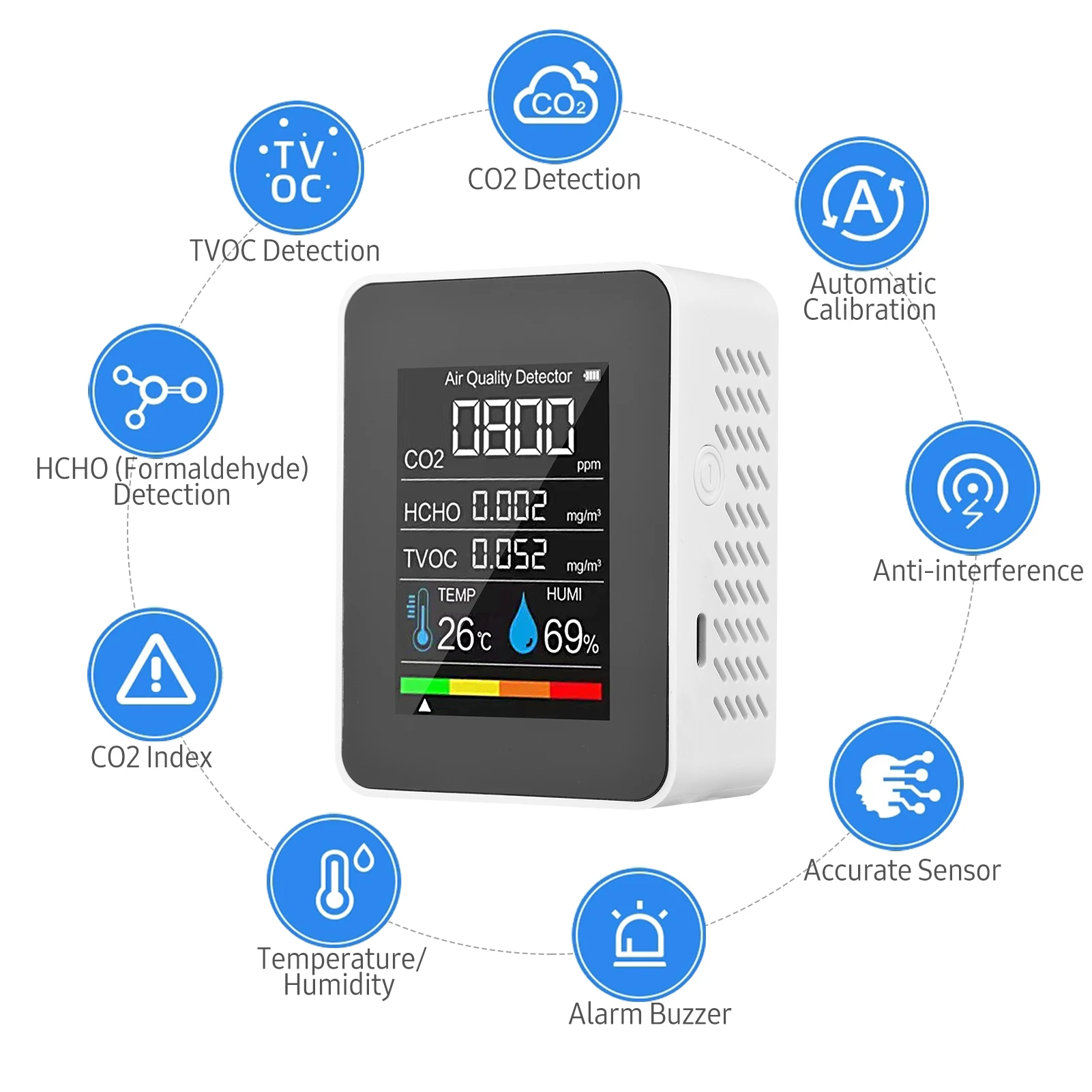 digital sound level meter NDIR/Semiconductor CO2 Sensor Air Quality Monitor CO2 Detector Formaldehyde HCHO TVOC Tester LCD Temperature Humidity Tester blue litmus