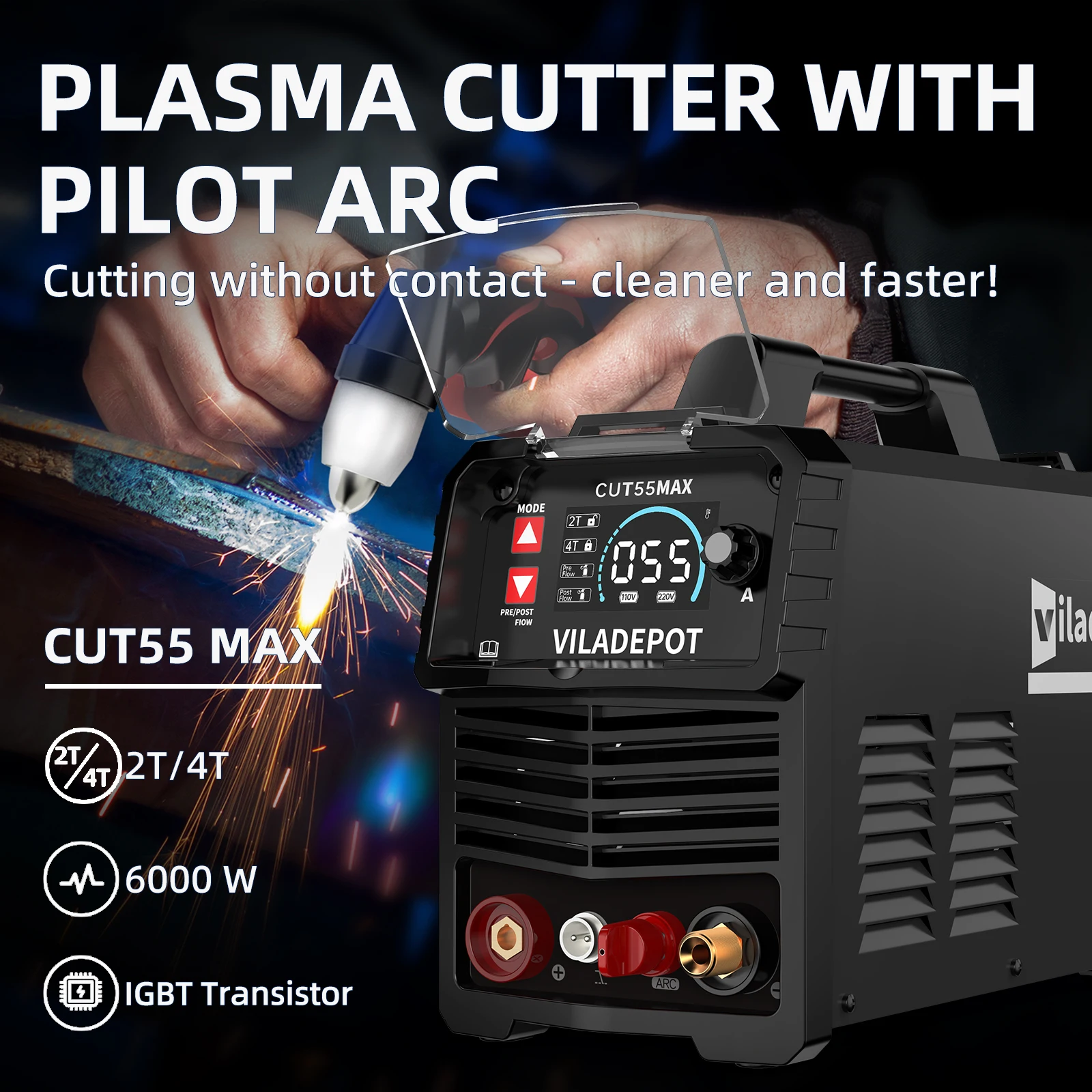 Viladepot CUT55 MAX Plasma Cutter Pilot Arc 55Amps Single Voltage 220V Digital Non-Contact Plasma Cutting Machine