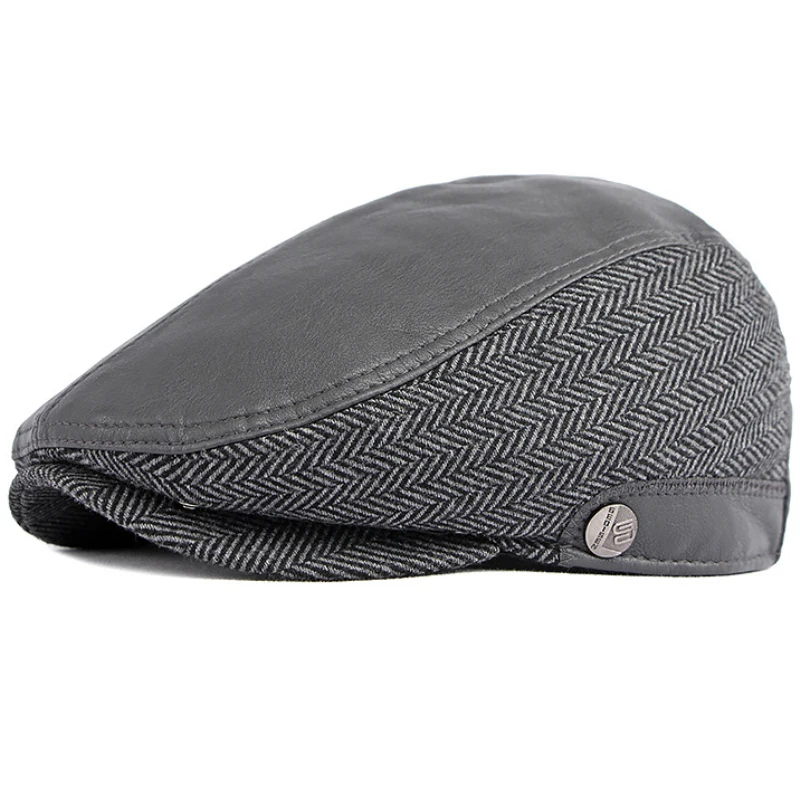 HT4118 2022 New Winter Hats with Ear Flap Thick Warm Ivy  Flat Cap Artist Painter Wool Beret Hat PU Leather Beret Cap Men