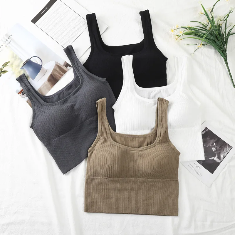 

Seamless Crop Top Women Underwear Wire-Free U-Shaped Camisole Wide Straps Striped Solid Bralette Lingerie One-Piece Tube Tops
