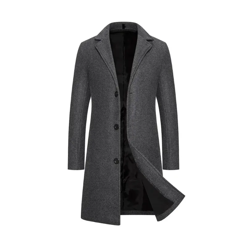 

Men's Mid-length Single Breasted Trench Coat Jacket Dark Gray Color Lapel Overcoat Plush Size 5XL Fashion Wool Blend Clothing