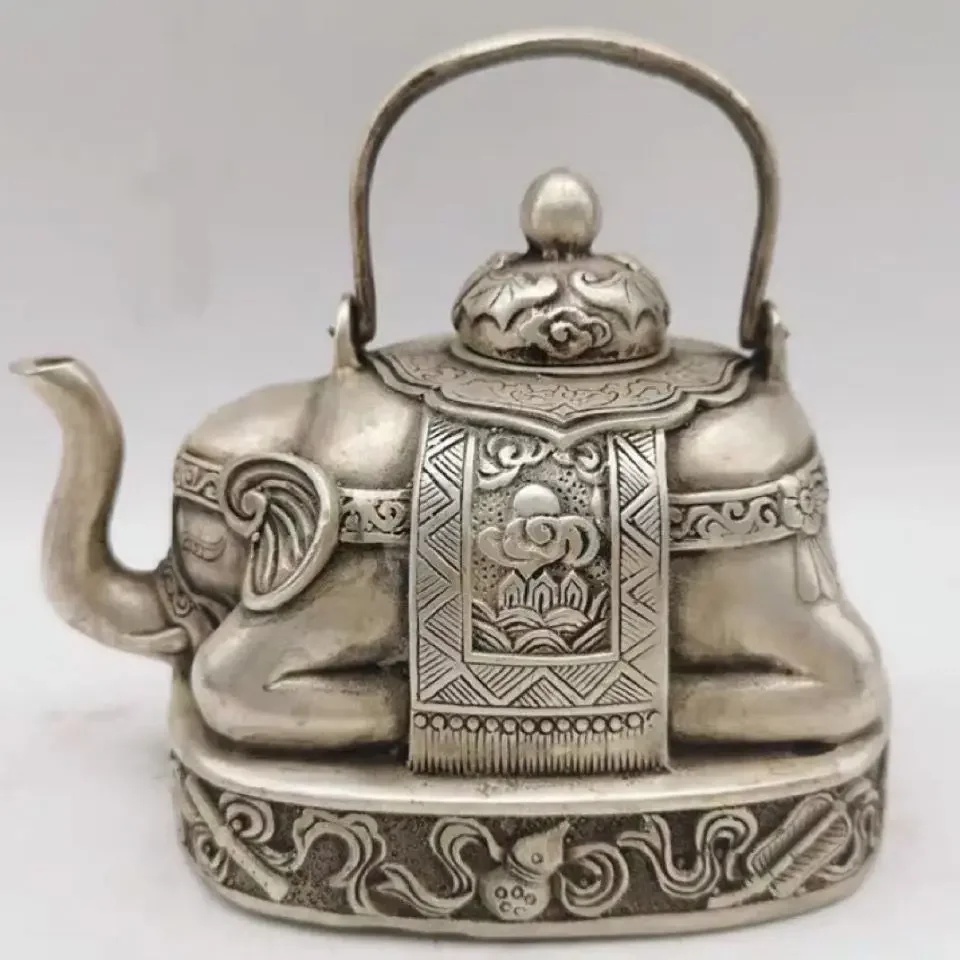 

BRASS Decorated Old Handwork Tibet Silver Carve Flower Elephant Tea pot Pot shipping, tools wedding Decoration Brass