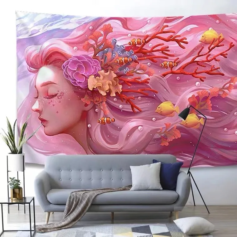 

Handmade cross stitch finished cartoon anime red haired girl coral fish living room children's room bedroom hanging painting