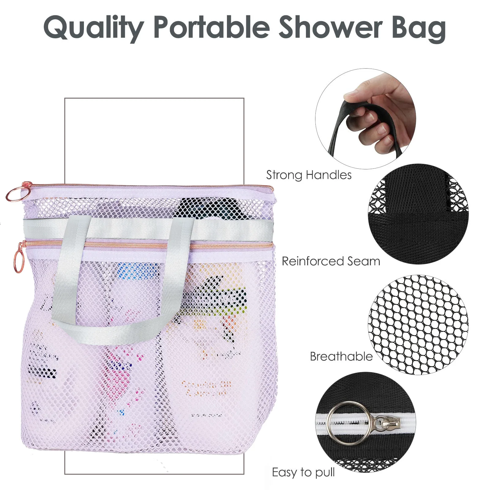 Portable Handheld Toiletries Swimming Beach Zipper Bag, Mesh Shower Caddy Bag Hanging Toiletry And Bath Organizer Two Pockets
