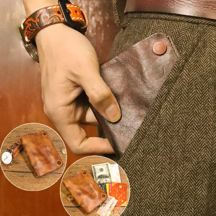 2023 Original Leather Wallet for Men Wrinkled Leather Short Bifold Men's Purse Classic Card Holder Wallet with Zip Coin Pocket
