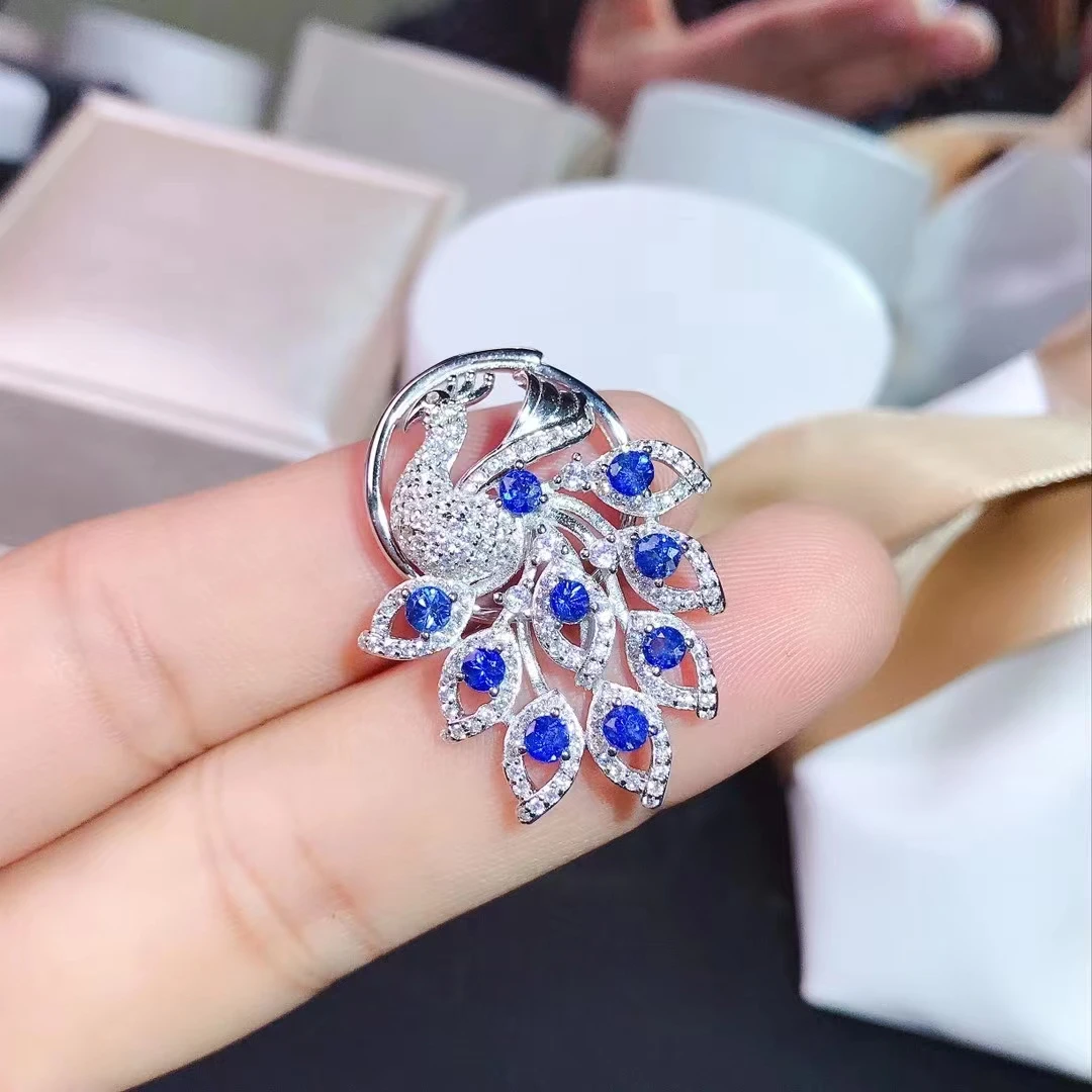 

FS New Natural Sapphire Peacock Ring Pendant Two Purposes S925 Sterling Silver Fine Fashion Women's Weddings Jewelry MeiBaPJ