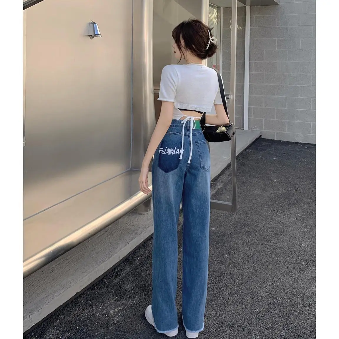 Letter Embroidery Women Jeans Blue Cotton Large Hem Straight Legs Wrinkel Wash Women Denim Trousers