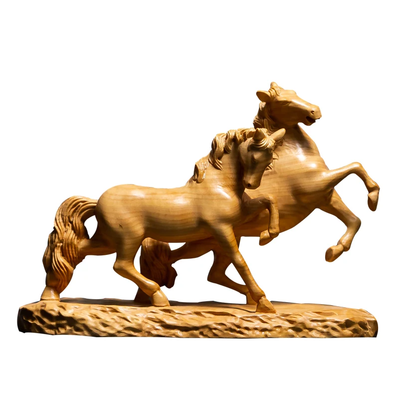 

XS144-12 CM Hand Carved Boxwood Carving Figurine Home Decor -Double Wealth Horse Statue