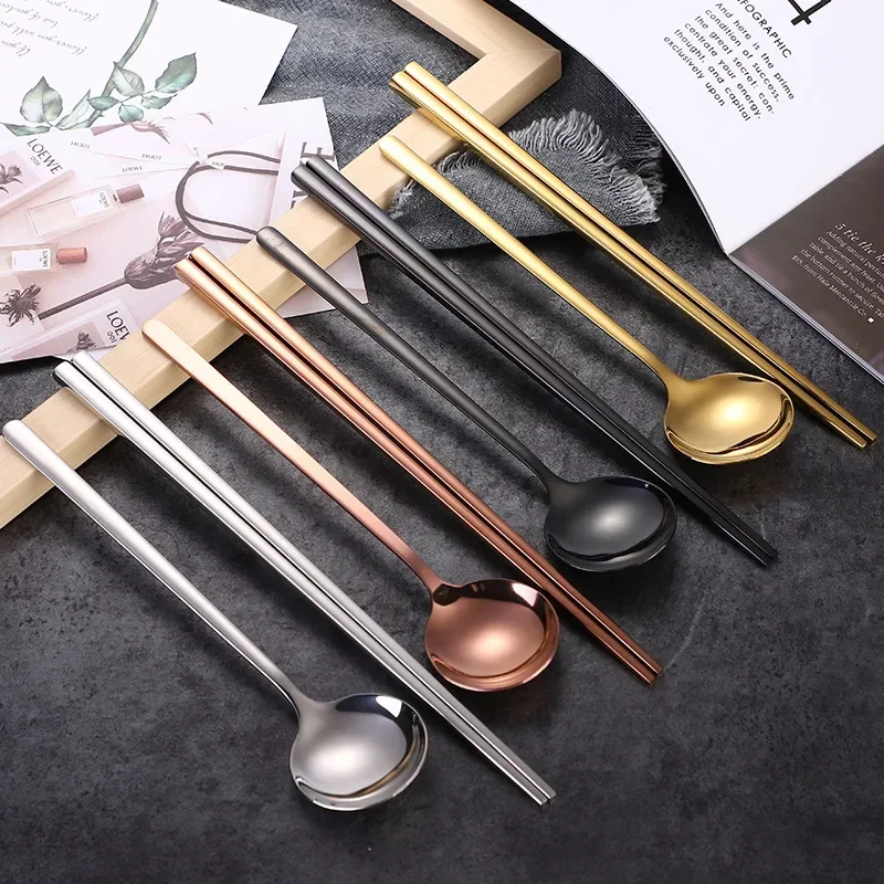Korean Long Handle Chopsticks Spoon Cutlery Set Reusable Stainless Steel Non-slip Sushi Sticks Food Soup Spoon Dinnerware Set