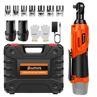 EMDTOOL Electric Cordless Right Ratchet 3/8'' 90° Angle Wrench 200N.m Torque with LED Work Light +7pcs Sockets Set,2 Batteries 1