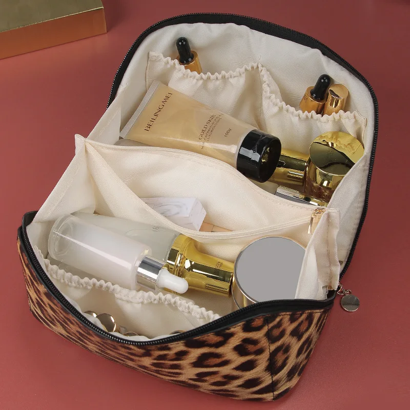 

Leopard Print Leather Cosmetic Storage Bag Women Beauty Makeup Toiletry Pouch Waterproof Handbag Travel High Capacity Organizer